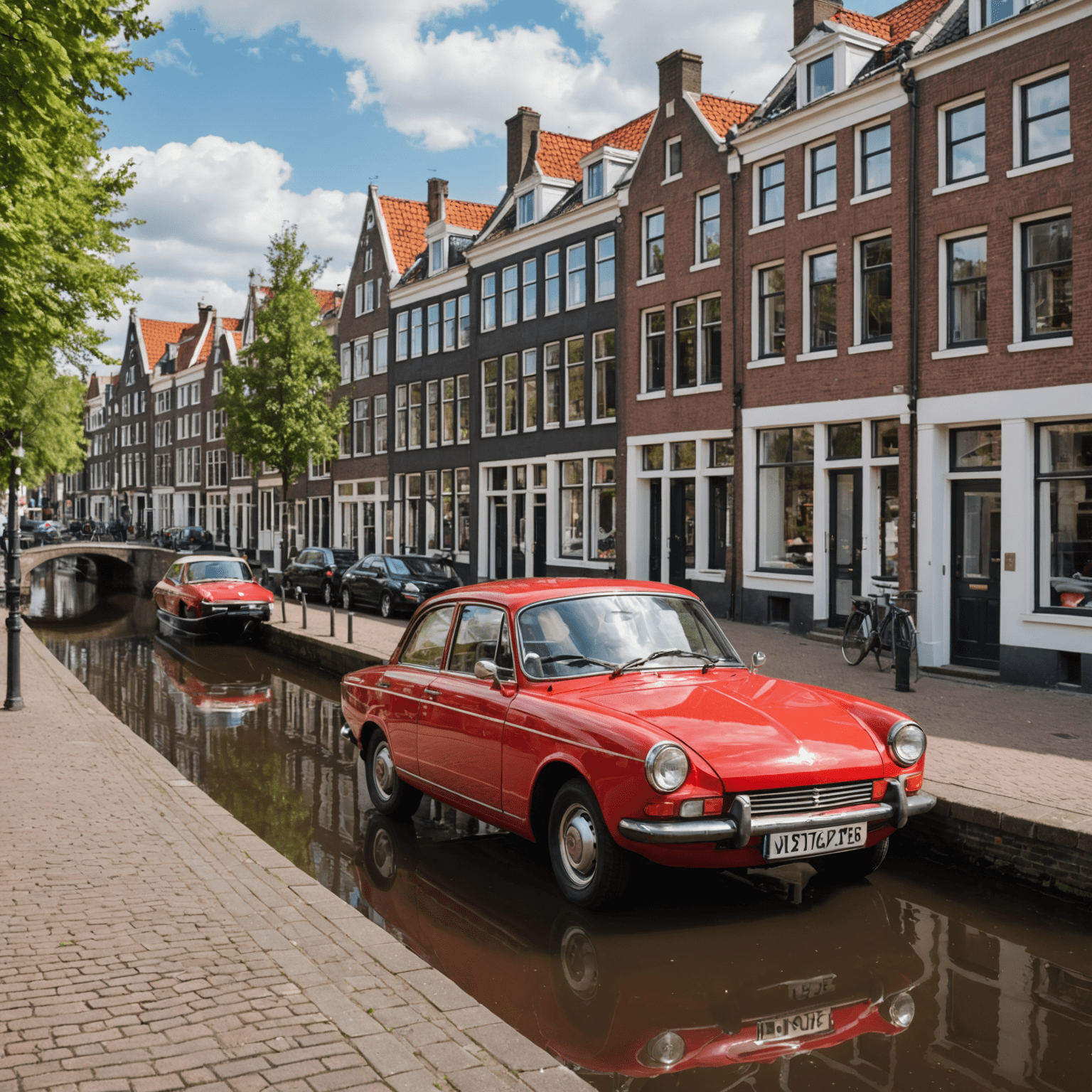 Een rode auto geparkeerd op een Nederlandse straat, met typische grachtenhuizen op de achtergrond, symboliserend allrisk autoverzekering