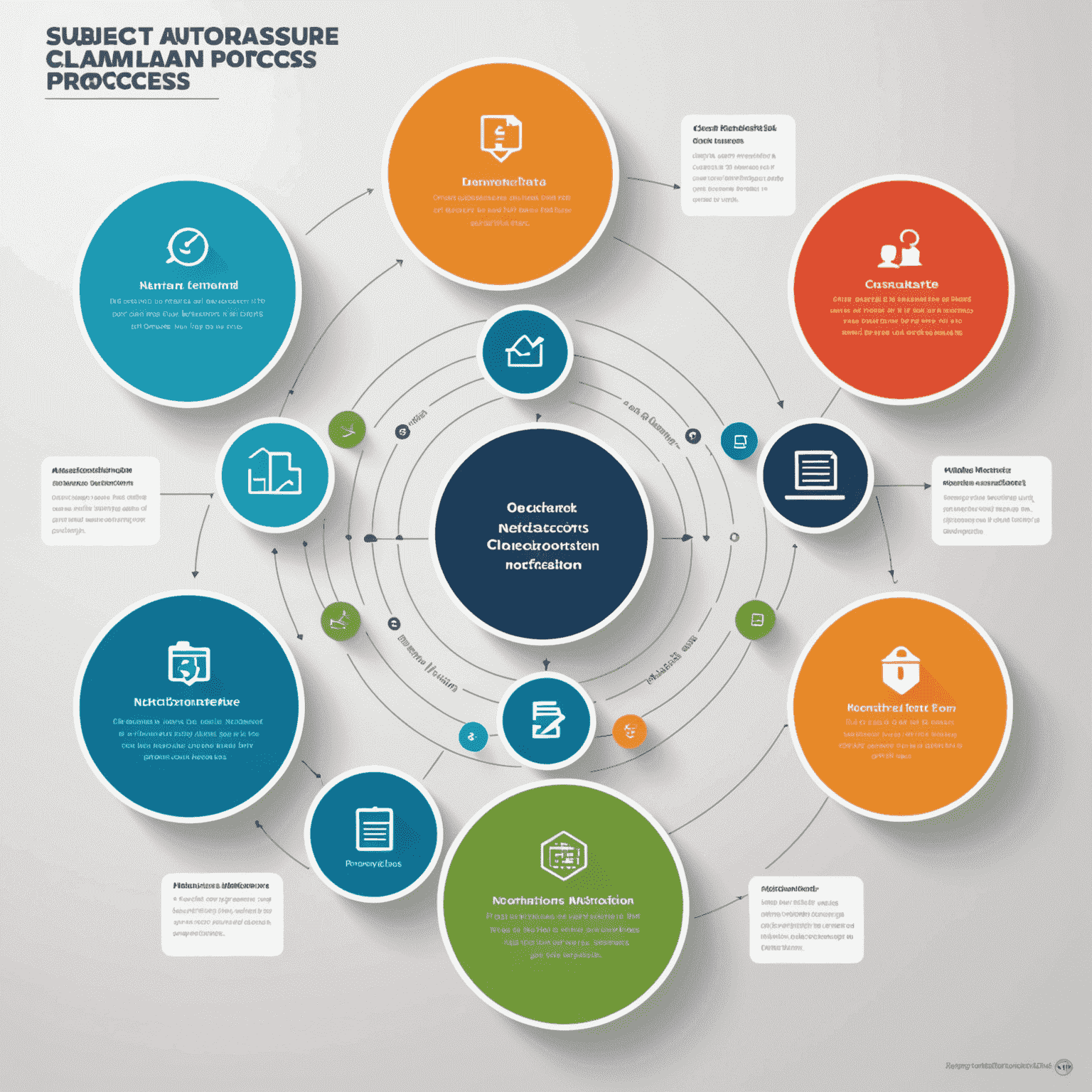 Infographic van het AutoAssure claimproces, met vijf stappen weergegeven in een circulair diagram. Elke stap wordt geïllustreerd met een pictogram: een telefoon voor melding, een map voor documentatie, een formulier voor indiening, een voortgangsbalk voor statusupdate, en een vinkje voor afhandeling.