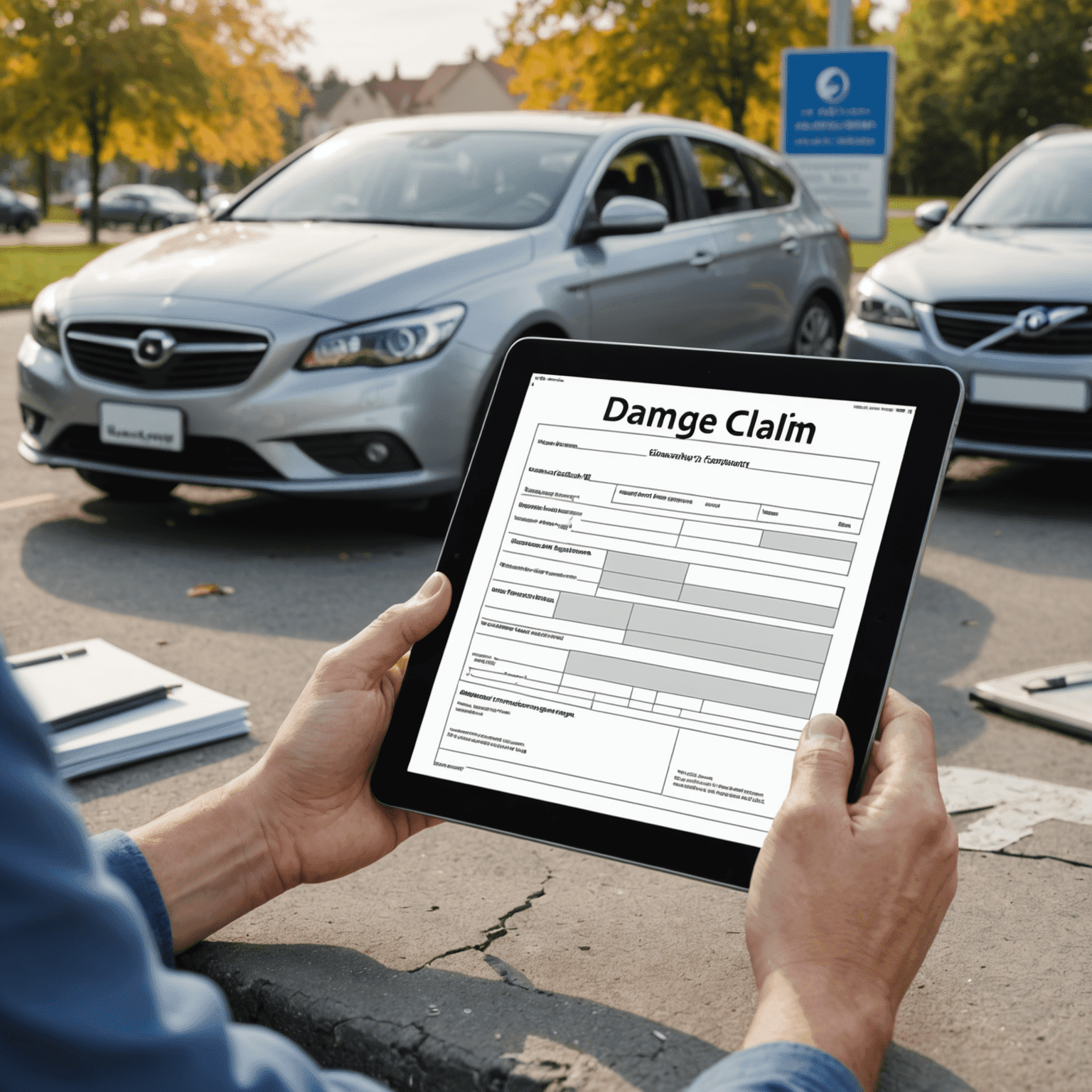Een afbeelding van een persoon die een schadeformulier invult op een tablet, met een beschadigde auto op de achtergrond