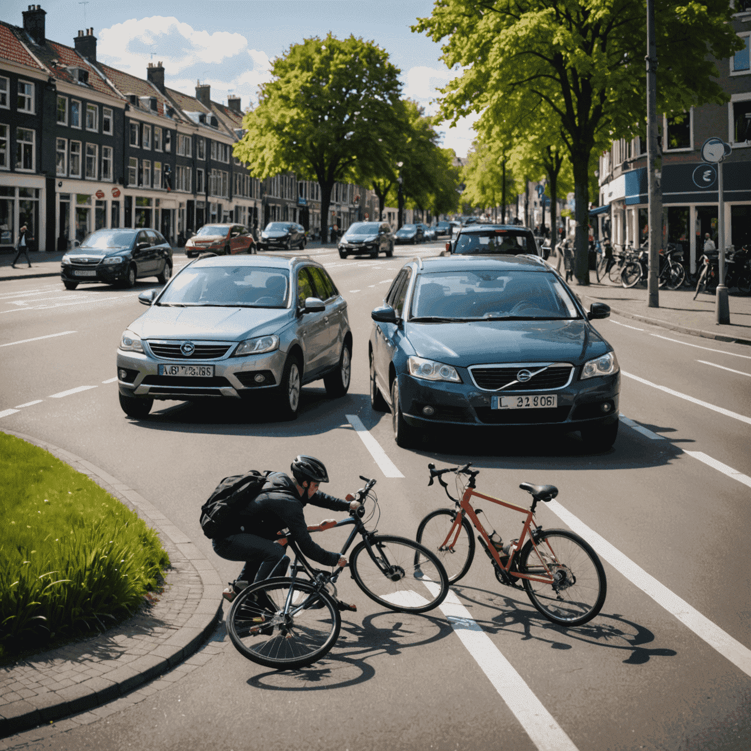 Twee auto's betrokken bij een klein ongeval op een typisch Nederlands kruispunt, met een fietser die veilig passeert, wat WA-verzekering symboliseert